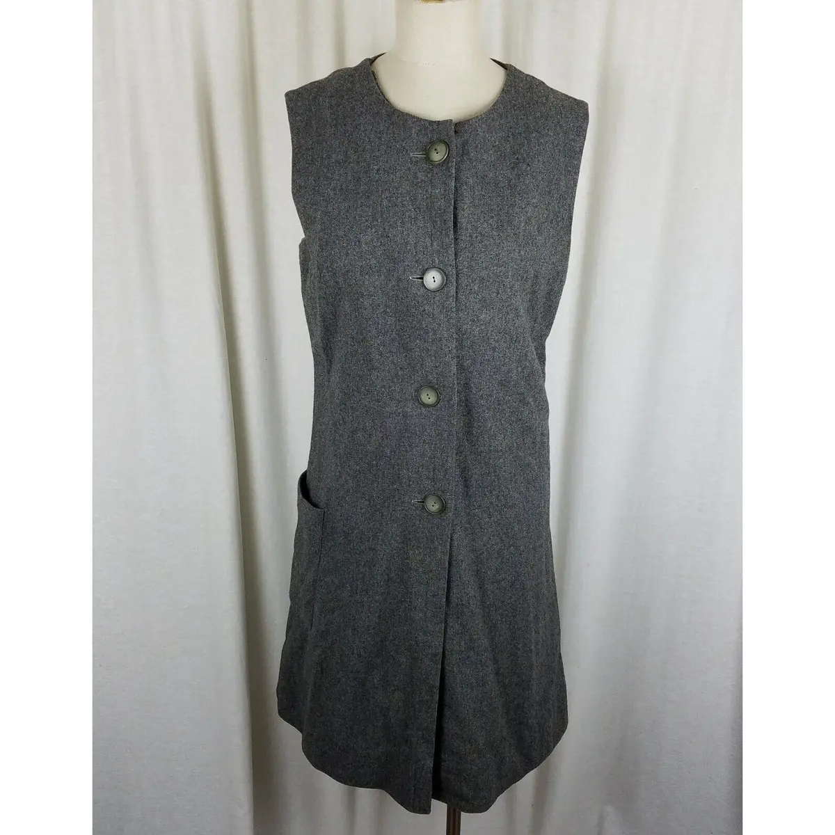 Vintage Handmade 1950S Wool Tweed Button Up Mod Dress Womens M L Charcoal Gray 1