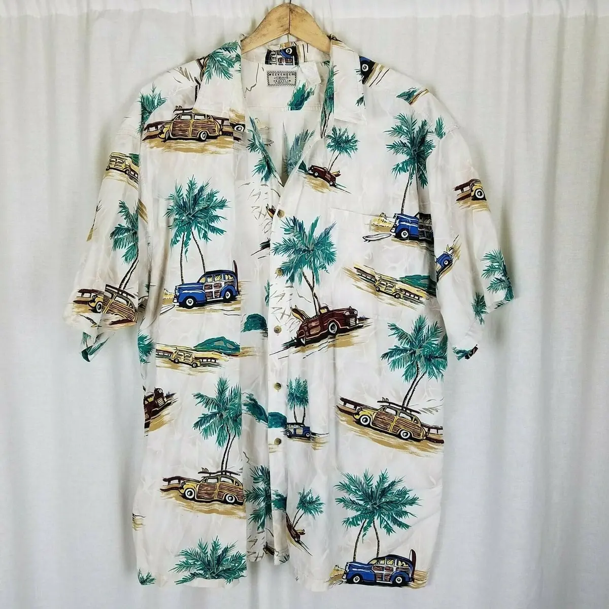 Vintage Weekender Hawaiian Camp Shirt Woody Wagons Cars Club Palm Trees Men 2X 1