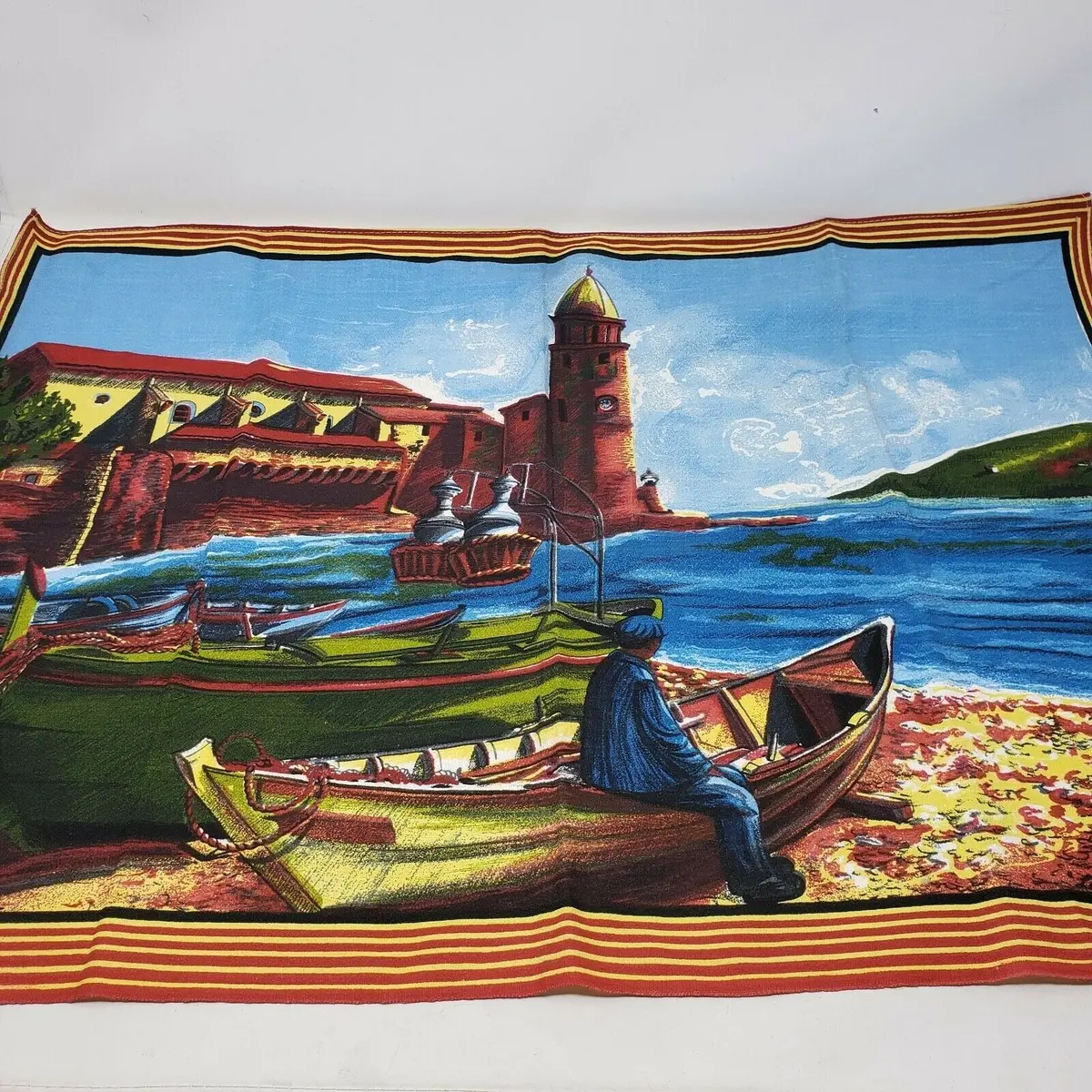Vintage Cotal Middle Eastern Boats Flour Sack Linen Tea Towel Or Wall Hanging 1