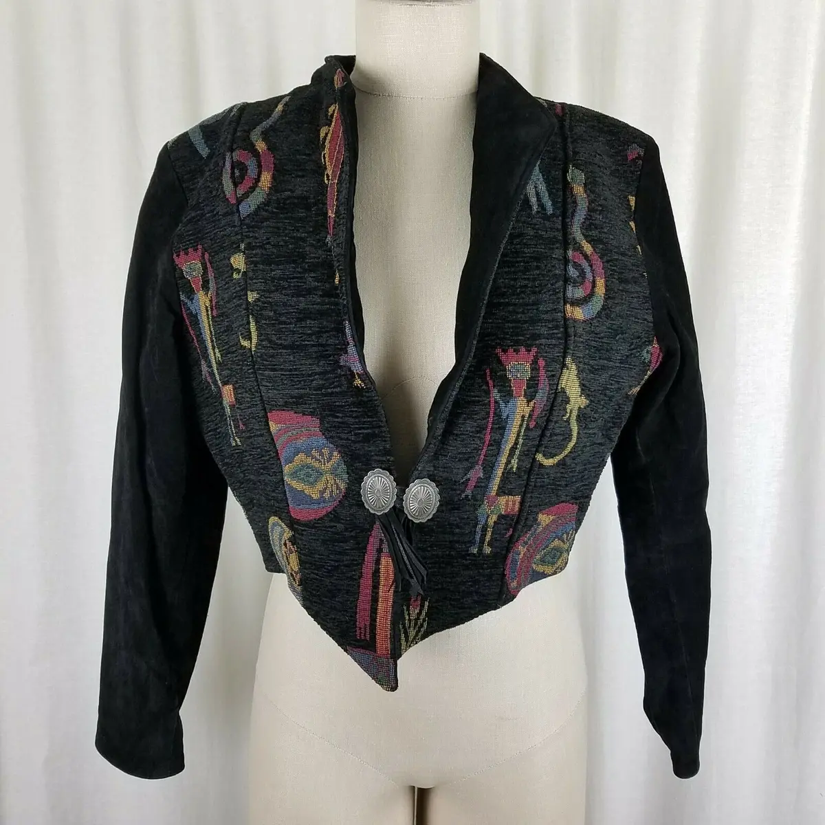Native Components Leather Woven Bolero Jacket Southwestern Tapestry Womens M 1