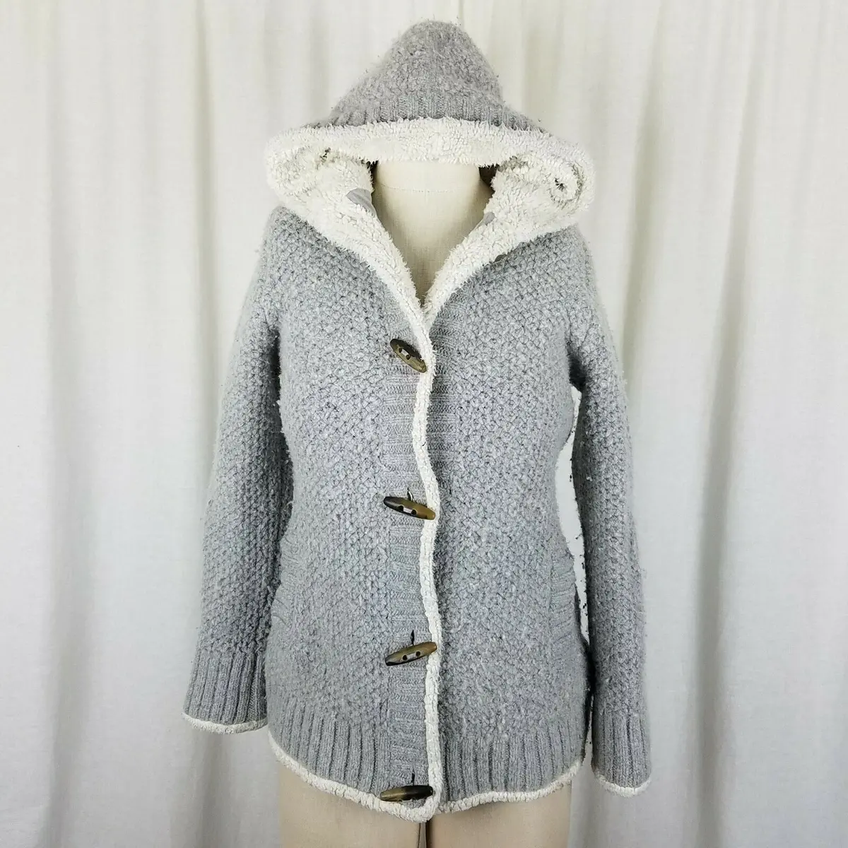 Ll Bean Hooded Shearling Lined Wool Toggle Knit Sweater Jacket Cardigan Womens S 1