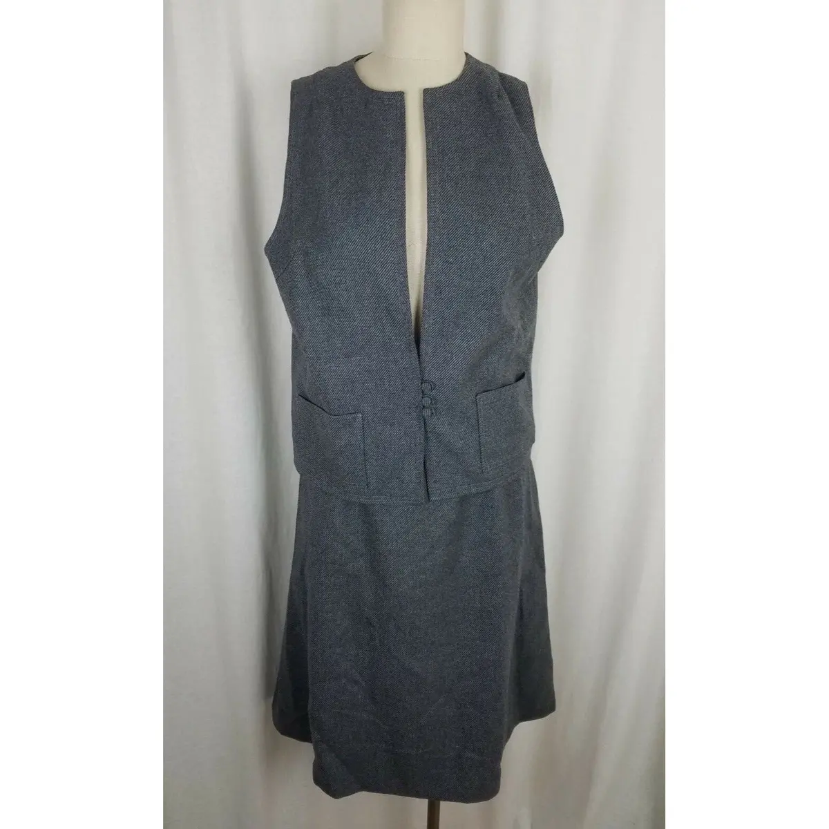 Vintage Handmade 1950S Wool Tweed Mod Dress Vest Jacket Skirt Suit Womens M Gray 1