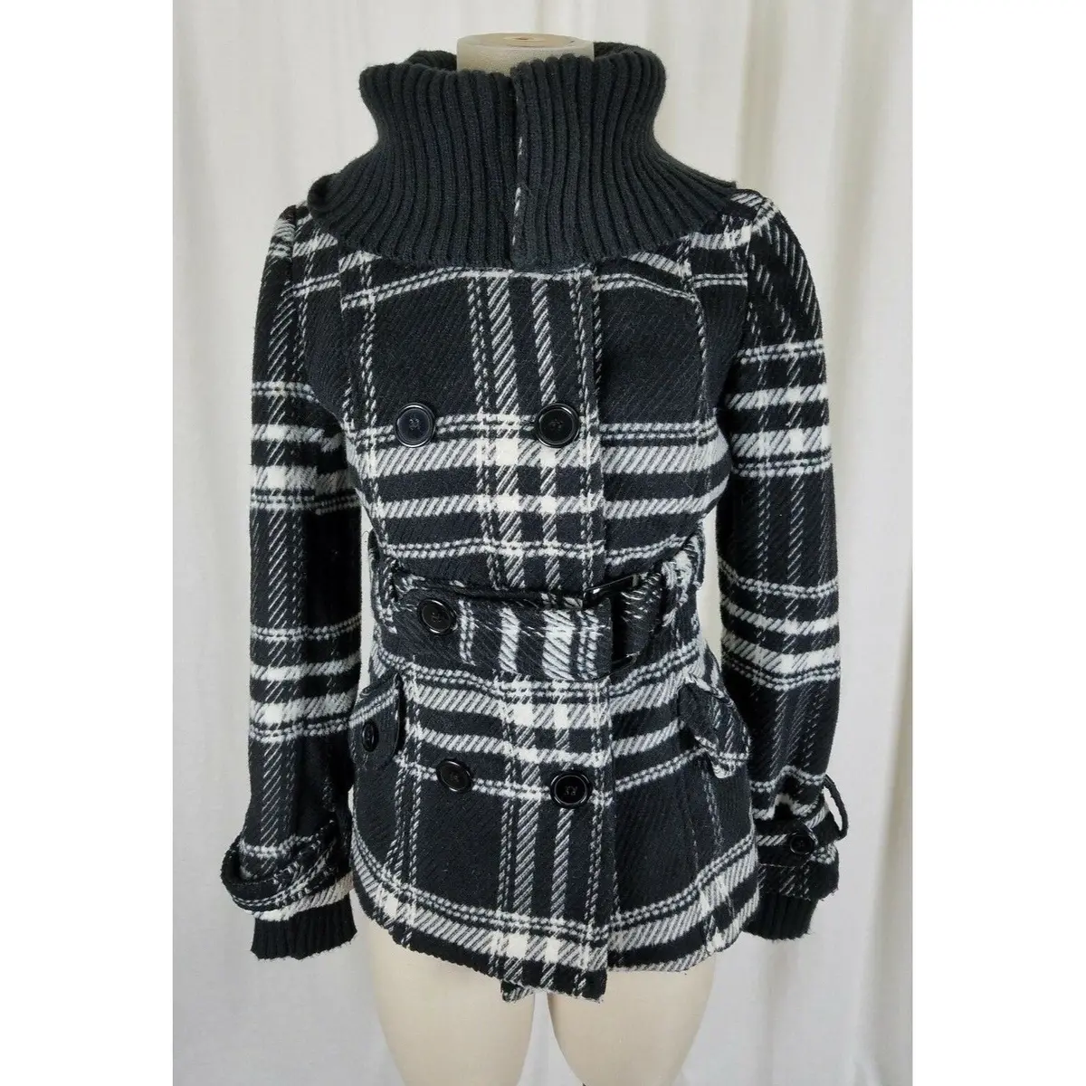Tally Weijl Tartan Plaid Fleece Knit Funnel Neck Belted Bomber Jacket Womens 38 1