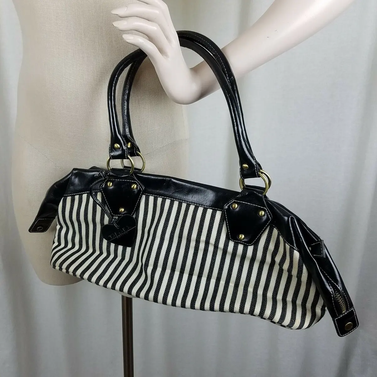 Tamara Boston Black & White Pinstriped Woven Twill Shoulder Bag Handbag Purse 1