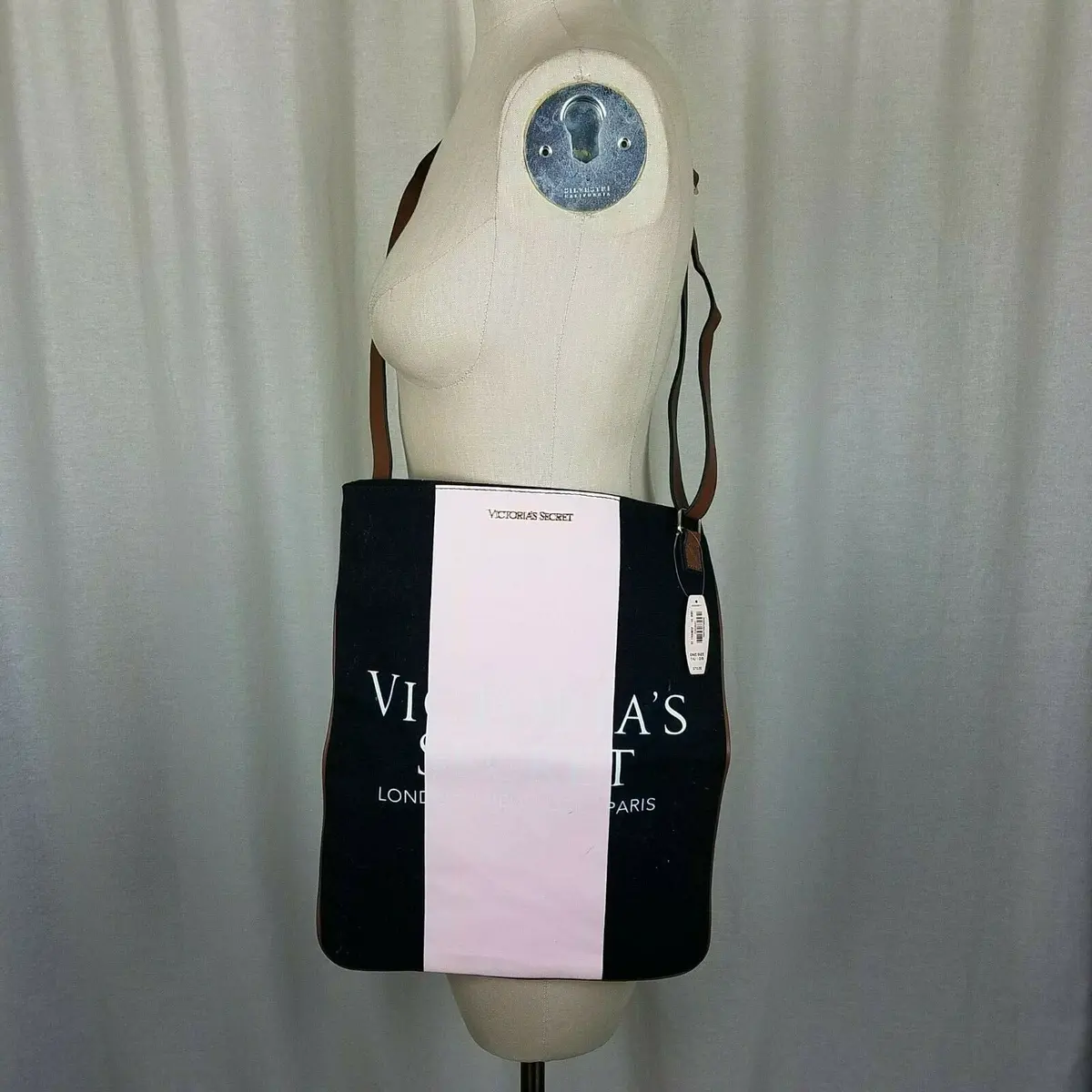 Victoria's Secret Black Pink Racing Stripe Bag Open Top Crossbody Weekender Tote 1