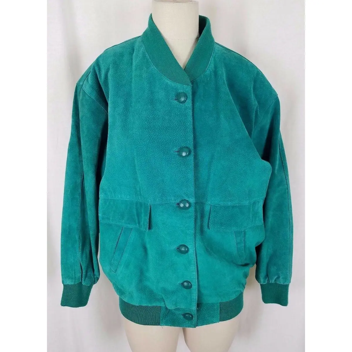 Pelle Ny Bright Green Leather Full Button Up Bomber Jacket Womens M Knit Trim 1