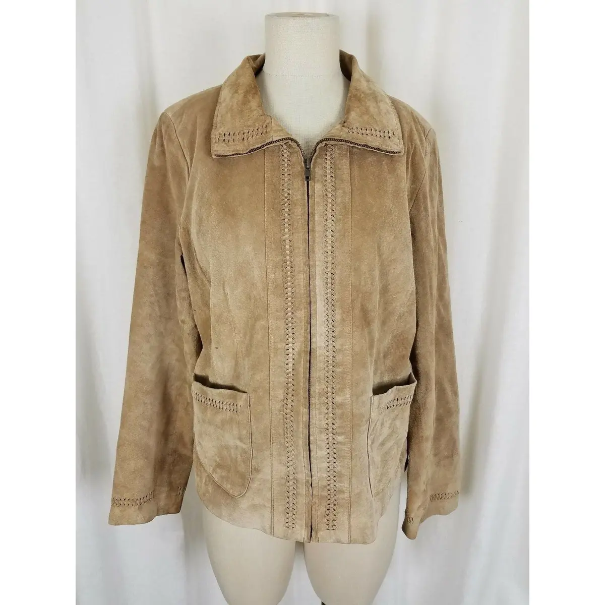 B.T. Limited Brushed Leather Suede Braided Trim Jacket Womens L Full Zip Up 1