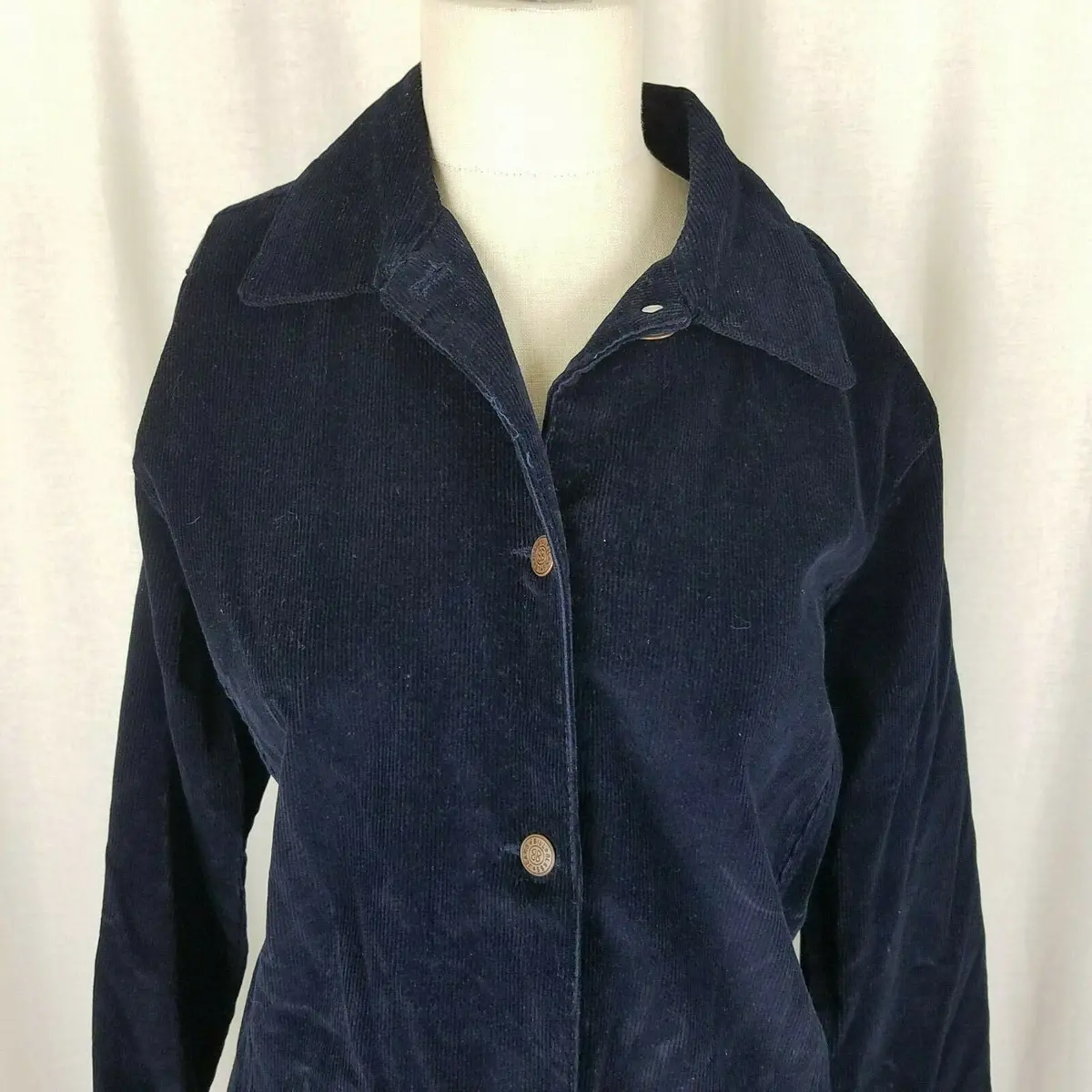 Bill Blass Jeans Stretch Corduroy Shirt Style Jacket Womens M Navy Blue Button 2