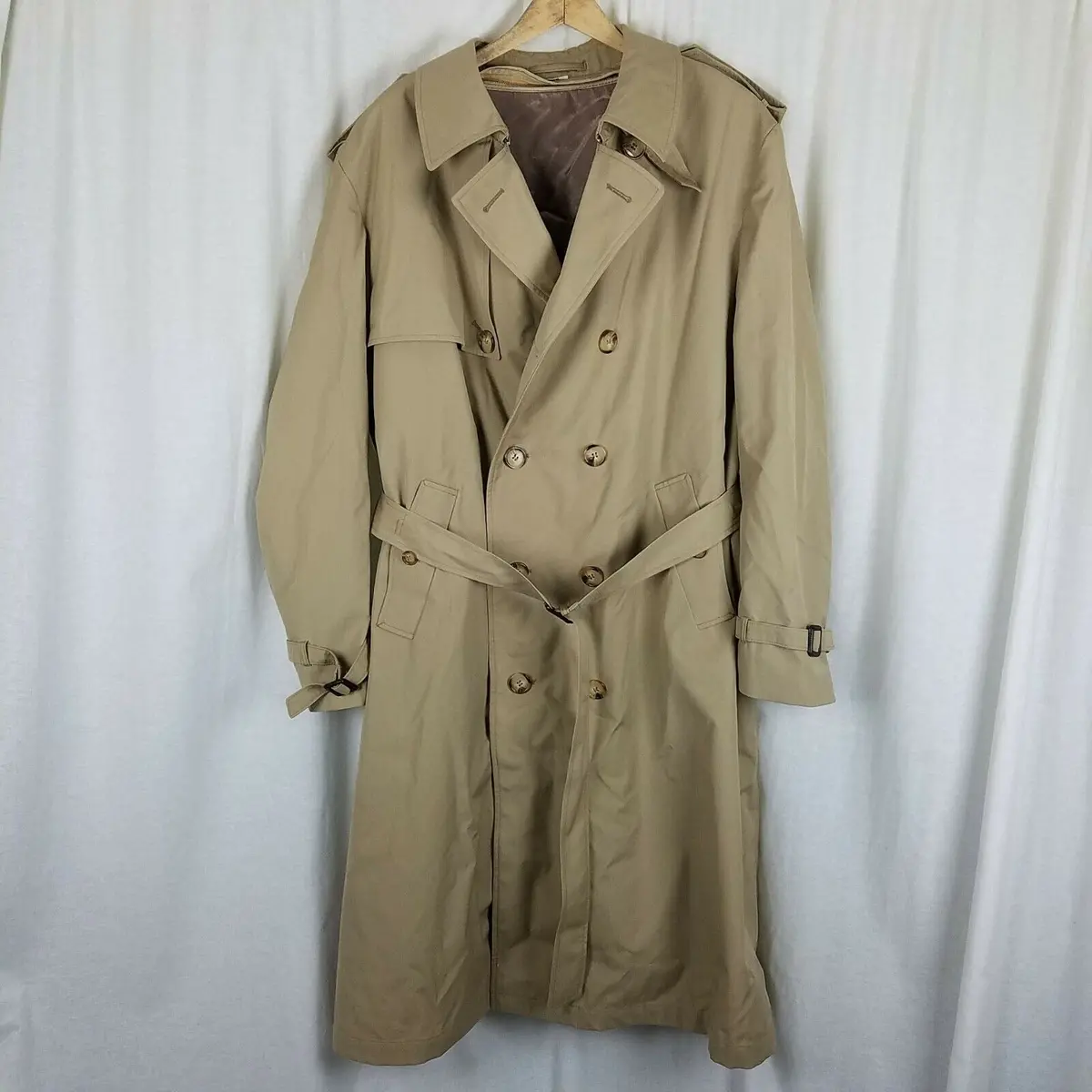 Bradley Jons Insulated Double Breasted Belted Trench Coat Mens 42 Wool Lined Tan 1