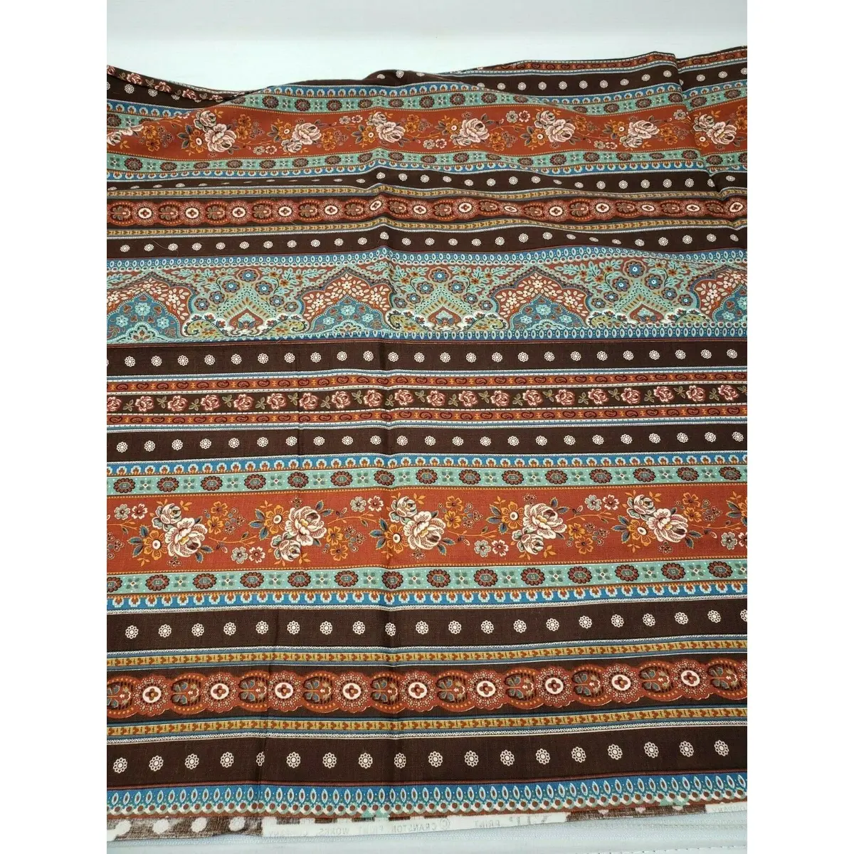 Vip Fabrics Jacobean Print Brown Blue 70'S Look Screenprint Cotton Fabric 1 Yard 1