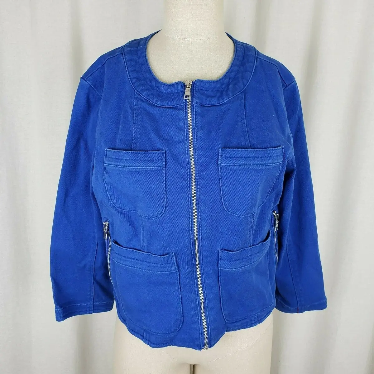 Ellen Tracy Denim Bright Blue Jean Jacket Womens L Collarless Zippered Zip Up 1