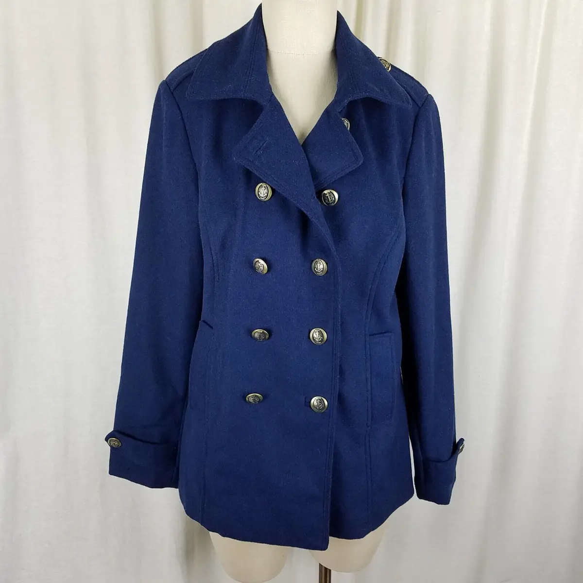 Cabi Wool Double Breasted Trench Peacoat Short Military Coat Womens M Navy Blue 1
