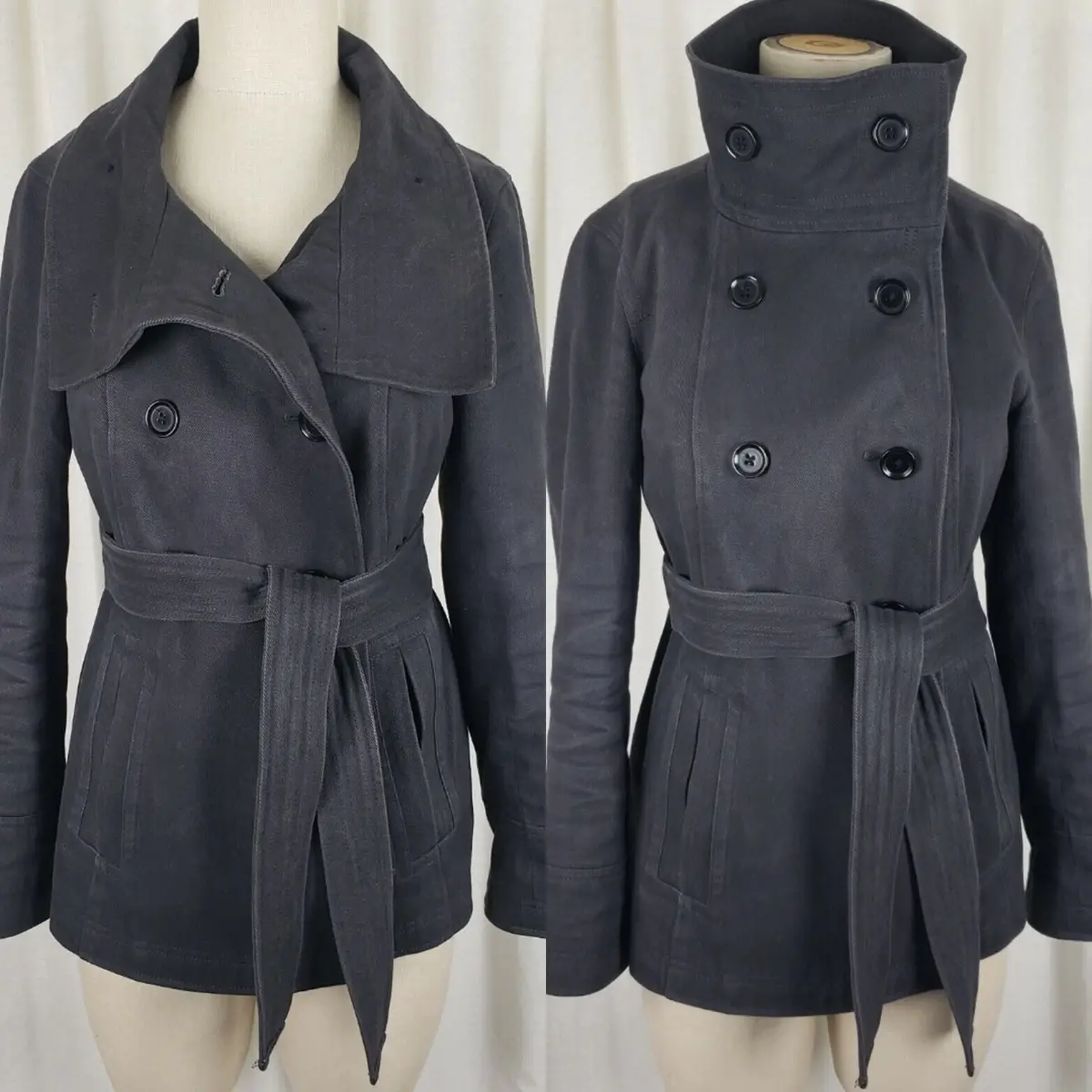 Gap Funnel Neck Belted Tie Double Breasted Twill Short Trench Coat Womens S 2009 1