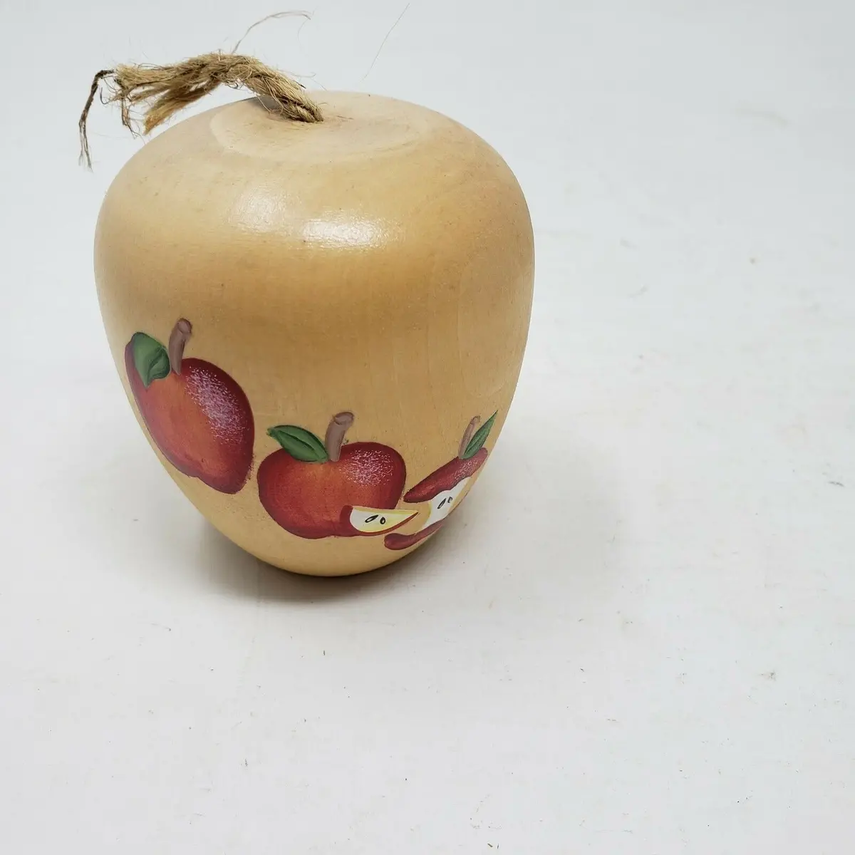 Wooden Apple Painted W/ Red Apples Natural String Rope Stem Country Decor Crafts 1