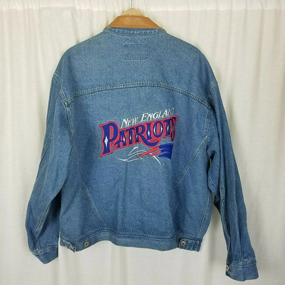 New England Patriots Nfl Blue Jean Denim Trucker Jacket Mens Xl Leather Proelite 1