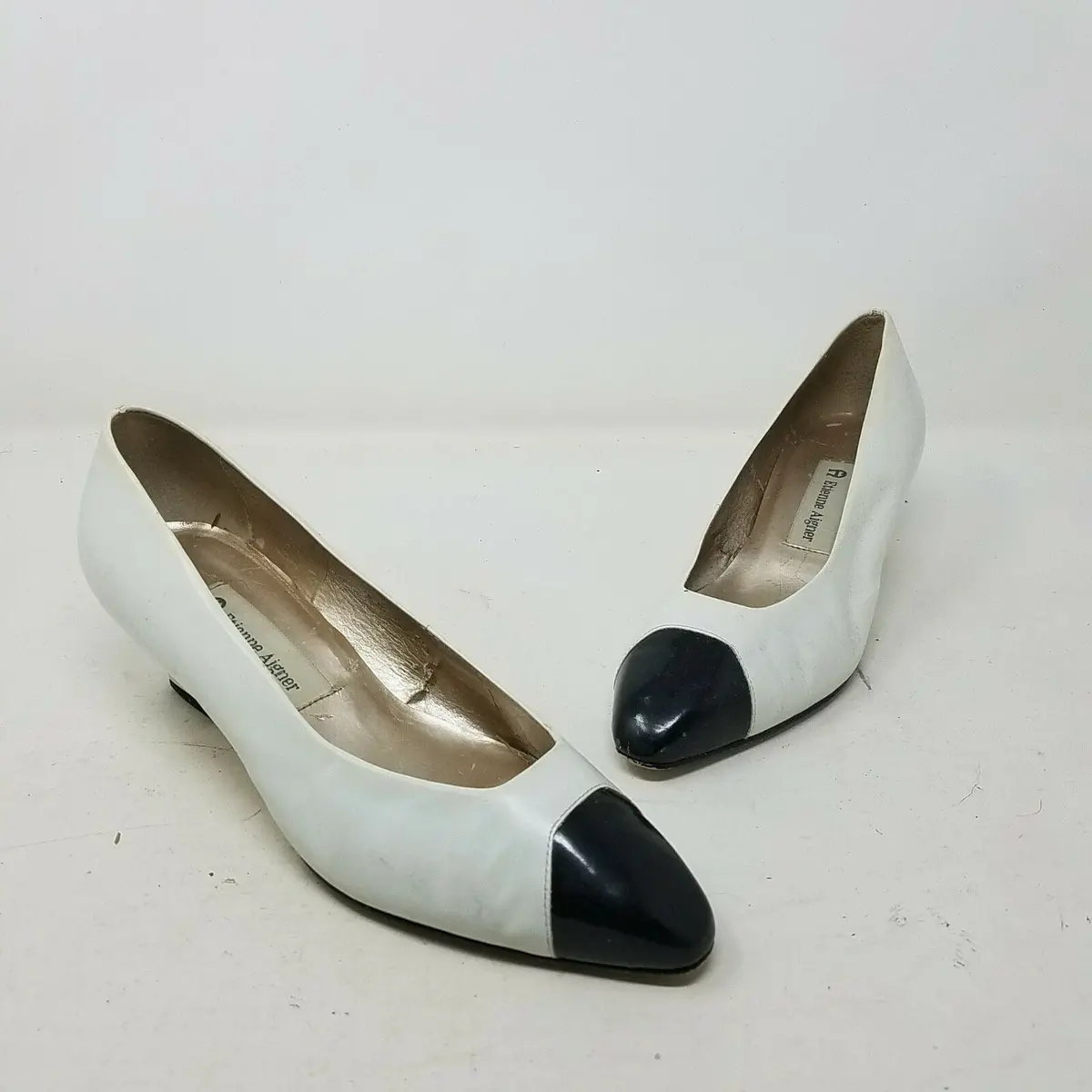 Etienne Aigner Cheri Leather Pumps Shoes Kitten Heels Low Womens 7.5W Black Toe 1