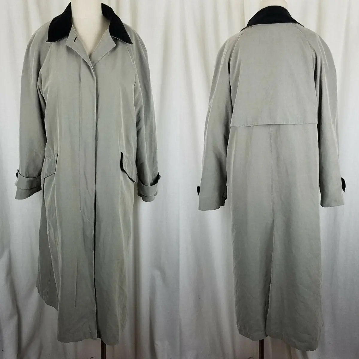 Vintage Anne Klein Velvet Collar Trim Flannel Lined Long Trench Coat Womens 4 1