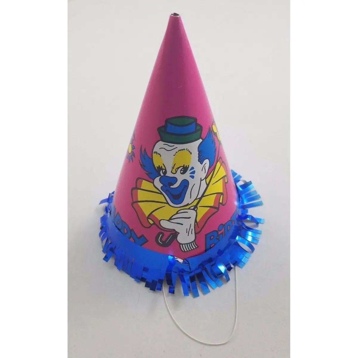 Vintage Circus Clown Happy Birthday Party Paper Cone Hat Pink Bozo Blue Fringe 1