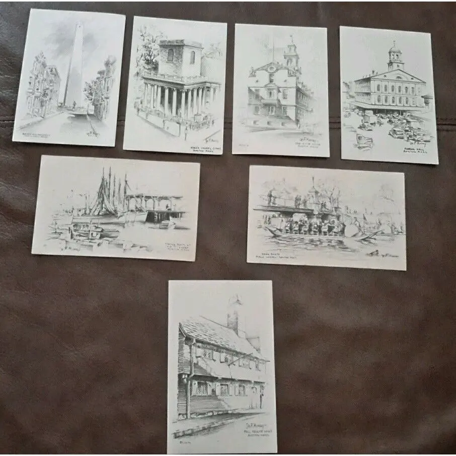 1946 Jas F Murray Pencil Drawings Postcards Boston Landmarks Signed Unused Set 7 1