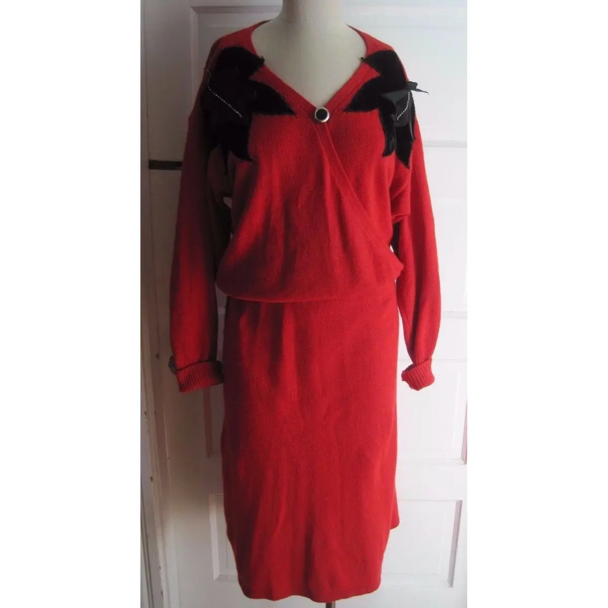 Mr. Mort Knit Wrap Blouson Sweater Dress Leaf Applique Womens M Silk Angora Vtg 1