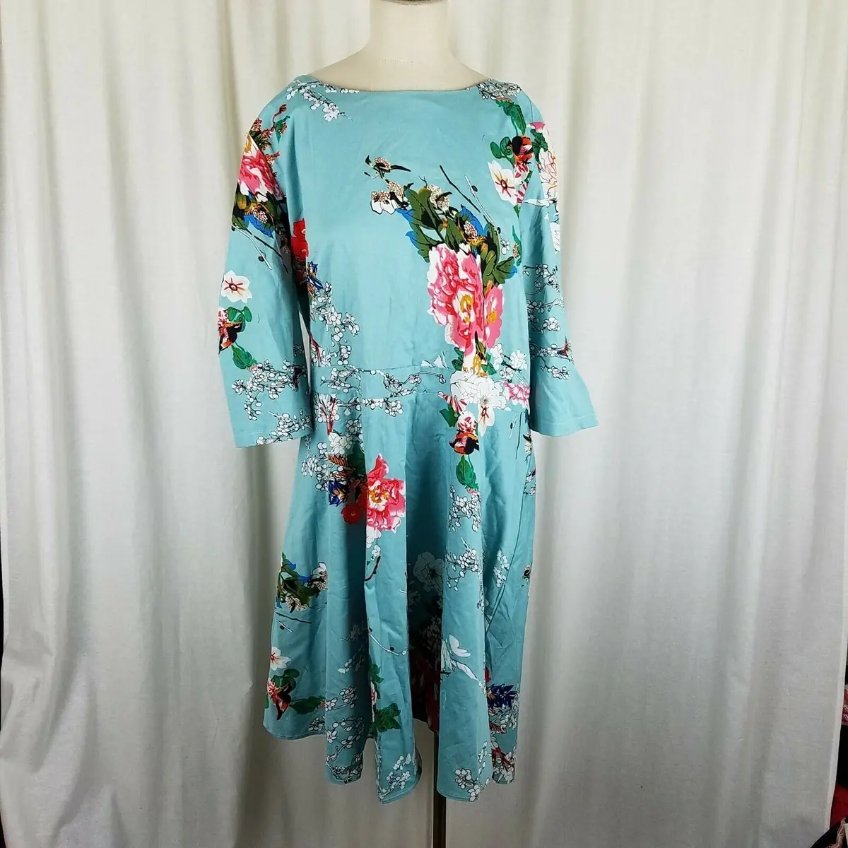 Artter Floral Turquoise Twirl Swing Dress Womens 3Xl Retro Mumu Built In Tie 1