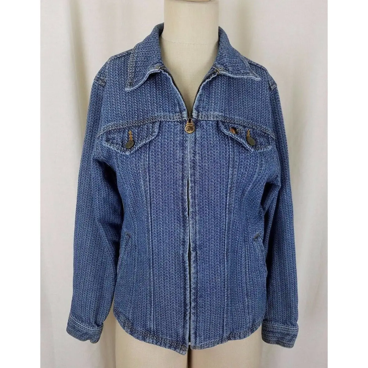 Billy Jeans Herringbone Denim Blue Jean Jacket Womens M Zip Up Indian Chief Logo 1