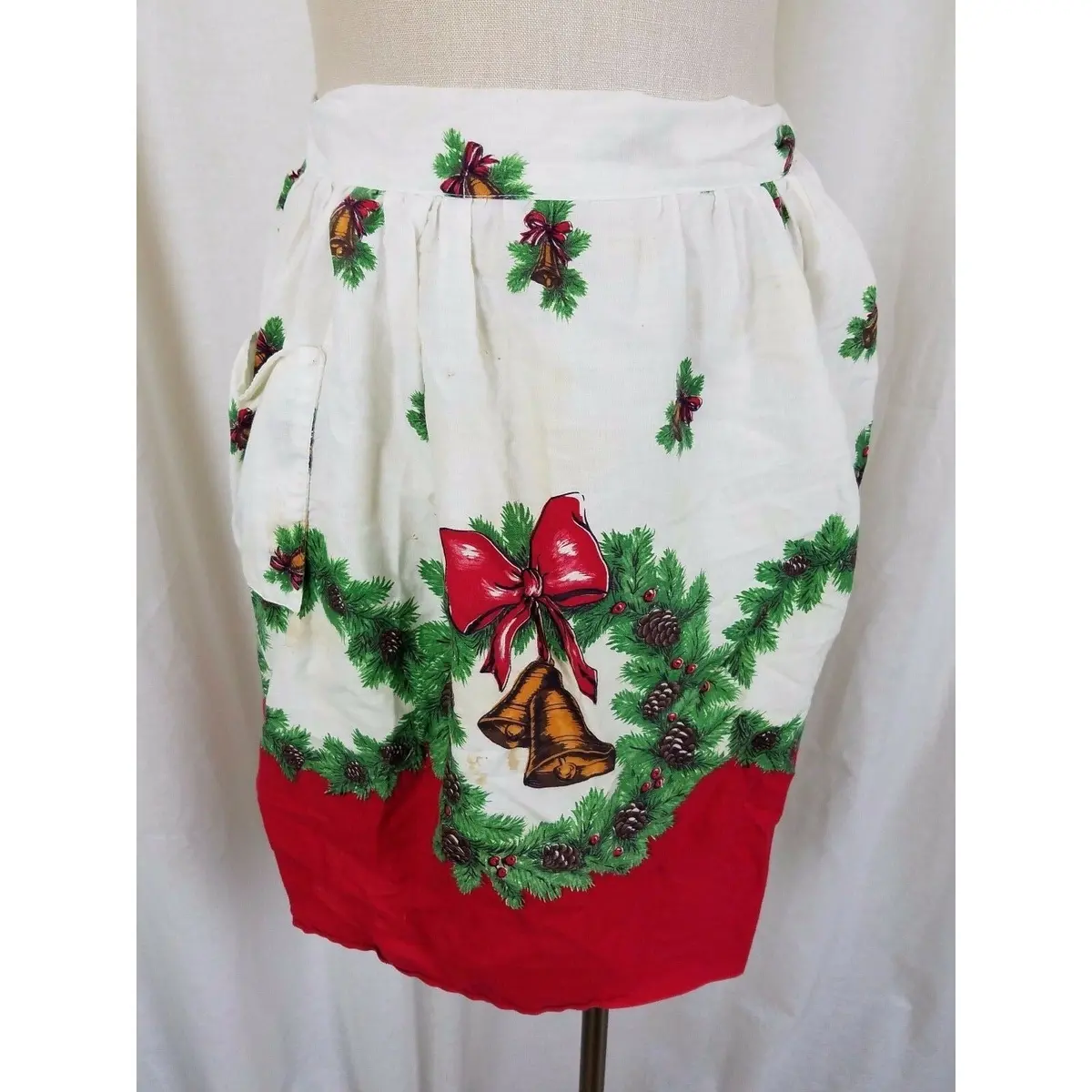 Vintage Christmas Wreath Pinecones Bells Red Apron Mid Century Textile Cotton 1