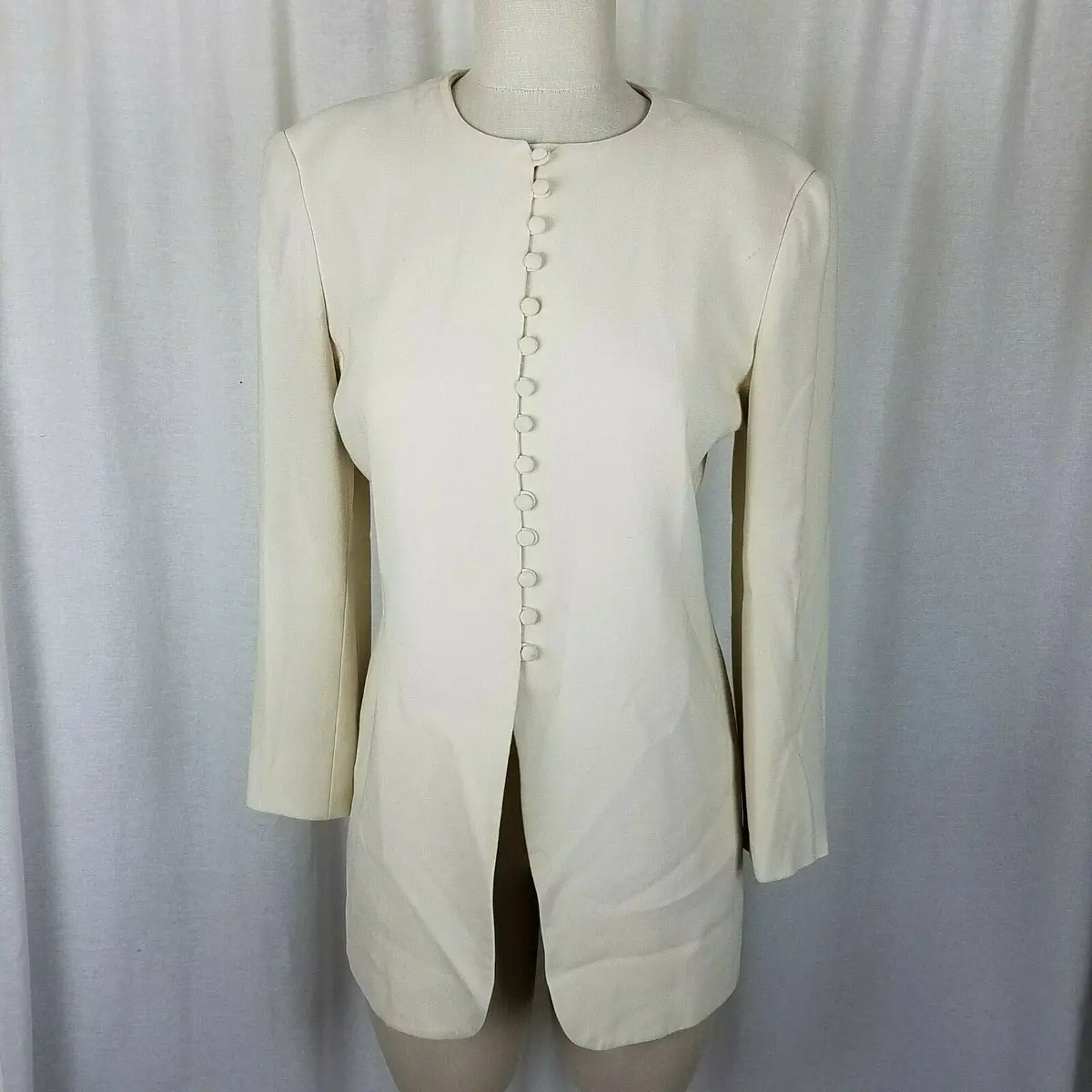Jones New York Fabric Covered Buttons Up Collarless Long Jacket Blazer Womens 4 1