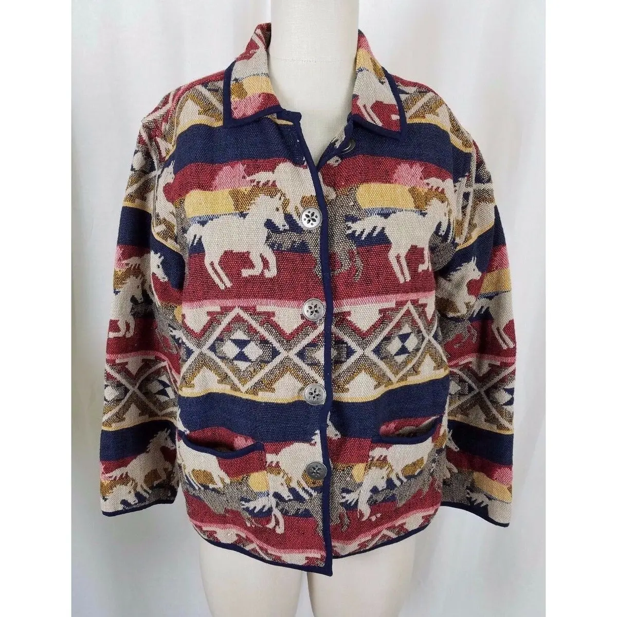 Jane Ashley Petites Woven Jacket Southwestern Tapestry Horses Blazer Womens Pl 1
