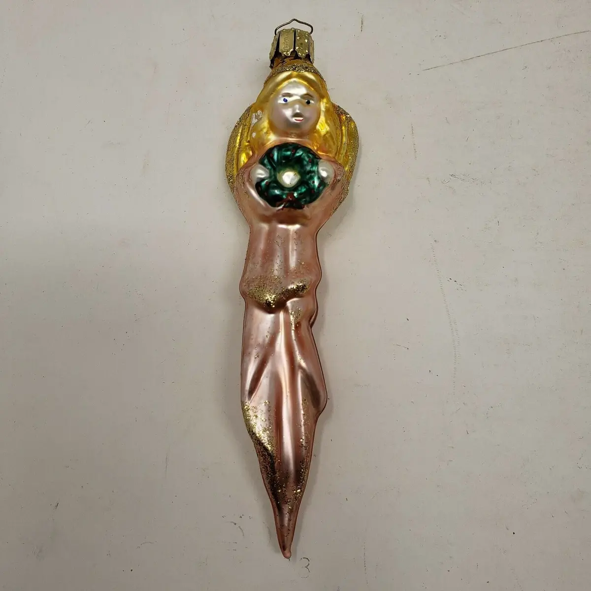Vintage Painted Glass Figural Angel Wreath Christmas Ornaments Icicle Shape 6.5" 1