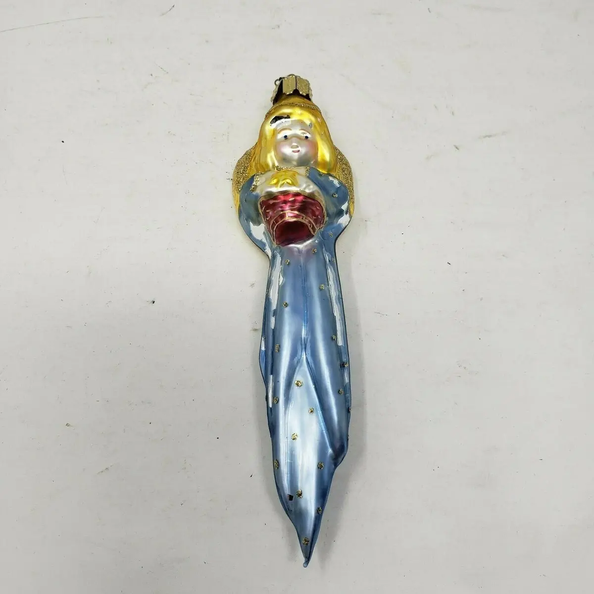 Vintage Painted Glass Figural Blue Angel Christmas Ornaments Long Icicle Shape 1
