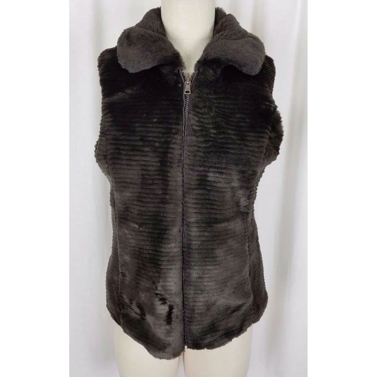 Liz Claiborne Reversible Ribbed Faux Fur Full Zip Up Brown Vest Womens S Plush 1