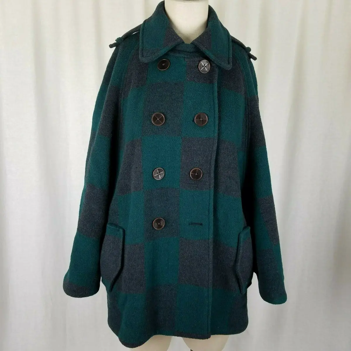 Anthropologie Cartonnier Green Plaid Poncho Cape Swing Peacoat Jacket Womens M 1