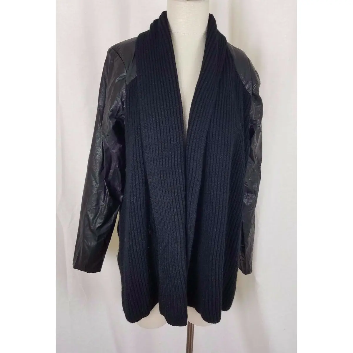 Nurture Open Front Asymmetrical Knit Vegan Faux Leather Sweater Jacket Womens L 1