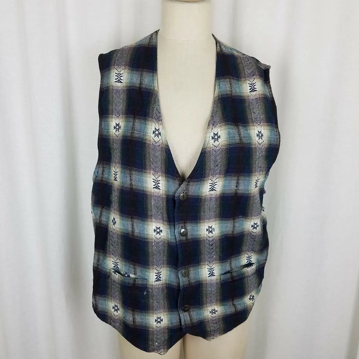 Vintage American Blue Southwestern Aztec Tribal Plaid Vest Mens M Waistcoat 1