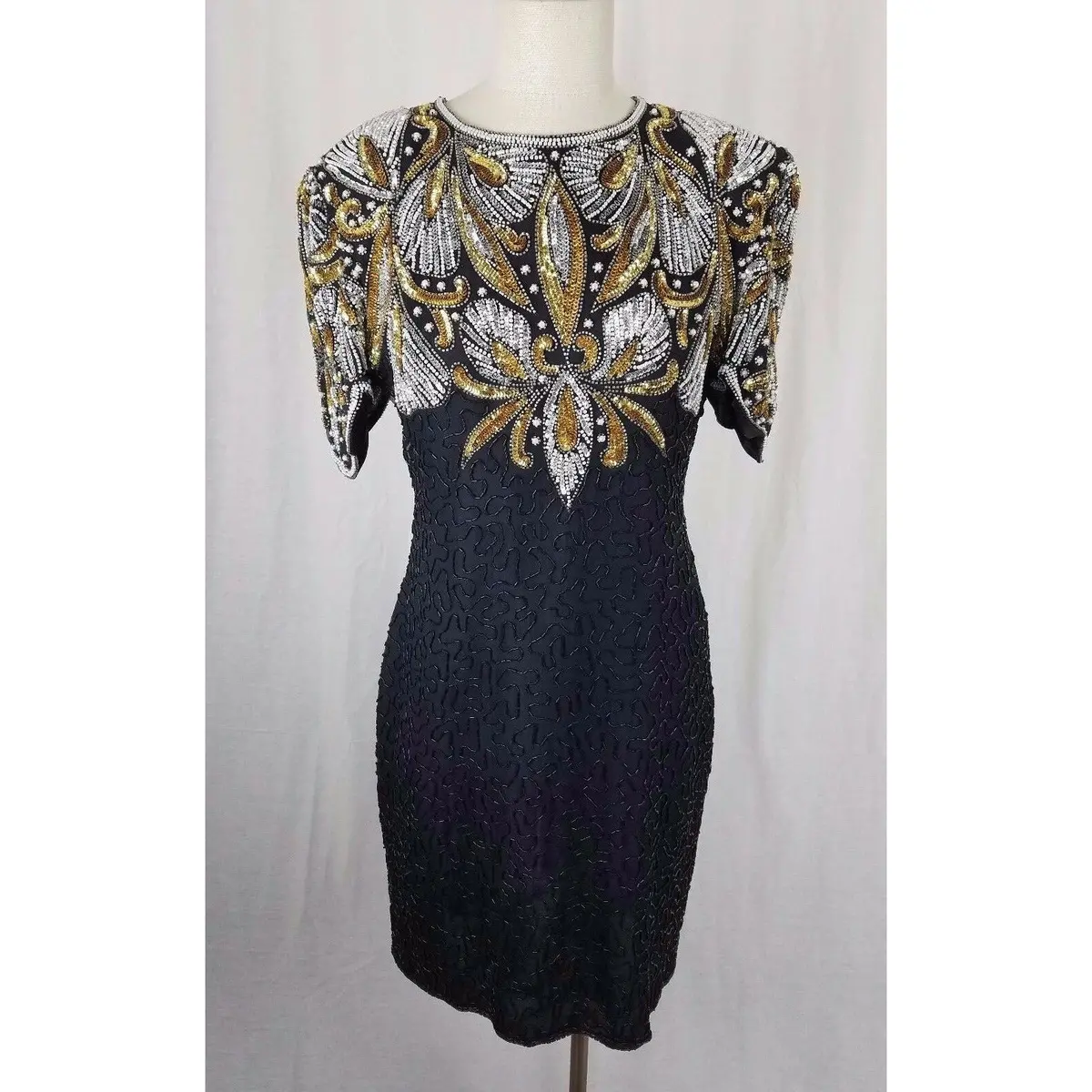 Vintage Designer Laurence Kazar Glam Club Sequins Beaded Silk Formal Dress L 1