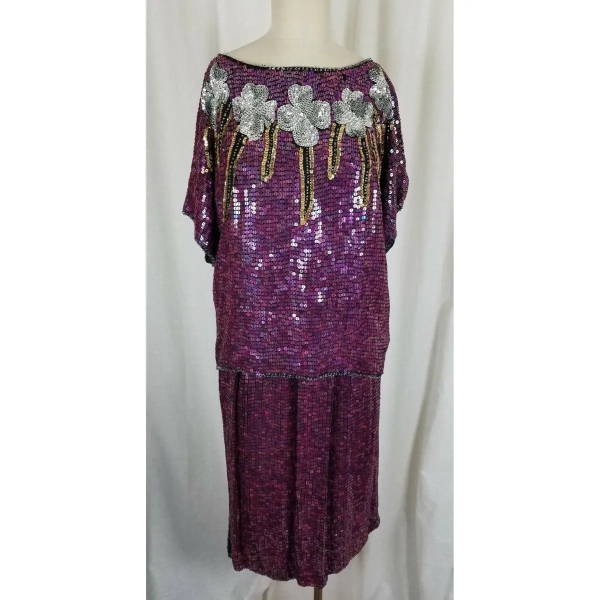Vintage Infashions Heavily Beaded Sequined Skirt Top Suit Set Outfit Womens S 1