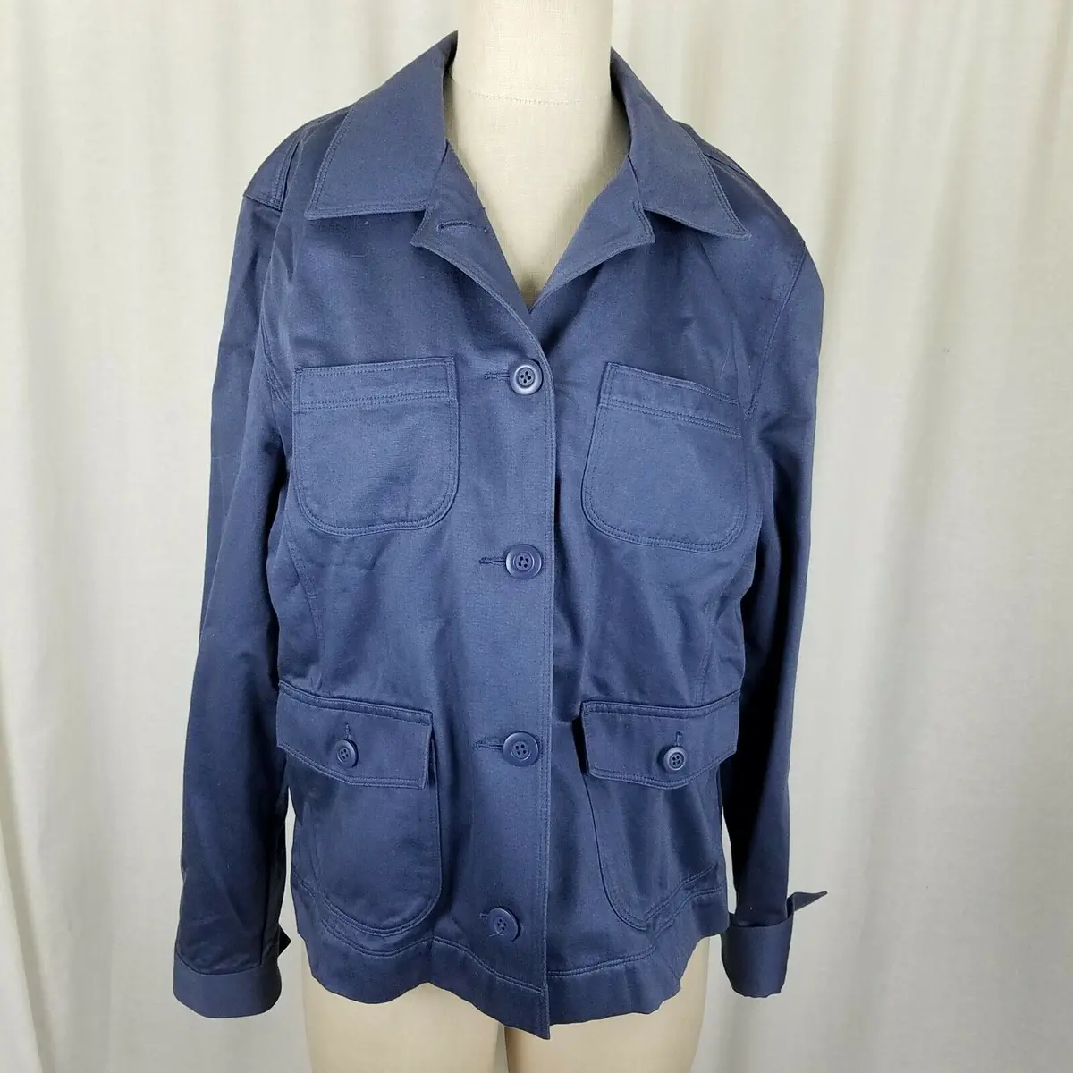 Ll Bean Cotton Full Button Up Safari Field Jacket Blazer Womens L Blue Riding 1