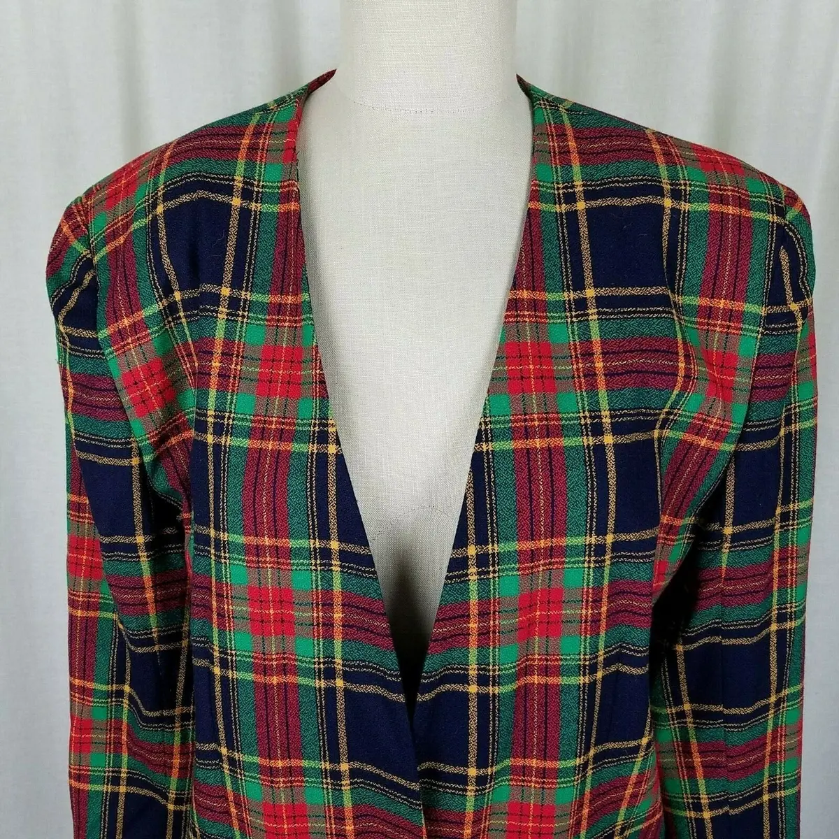 Chaus Tartan Scotch Plaid Wool Collarless Blazer Jacket Womens L Xl Vintage 80S 2