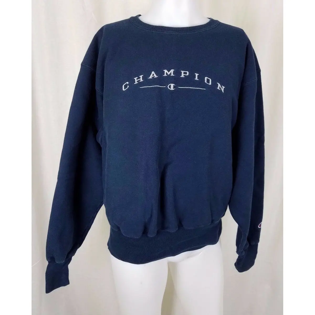 Champion Embroidered Logo Reverse Weave Jersey Knit Crew Sweatshirt Mens L Navy 1