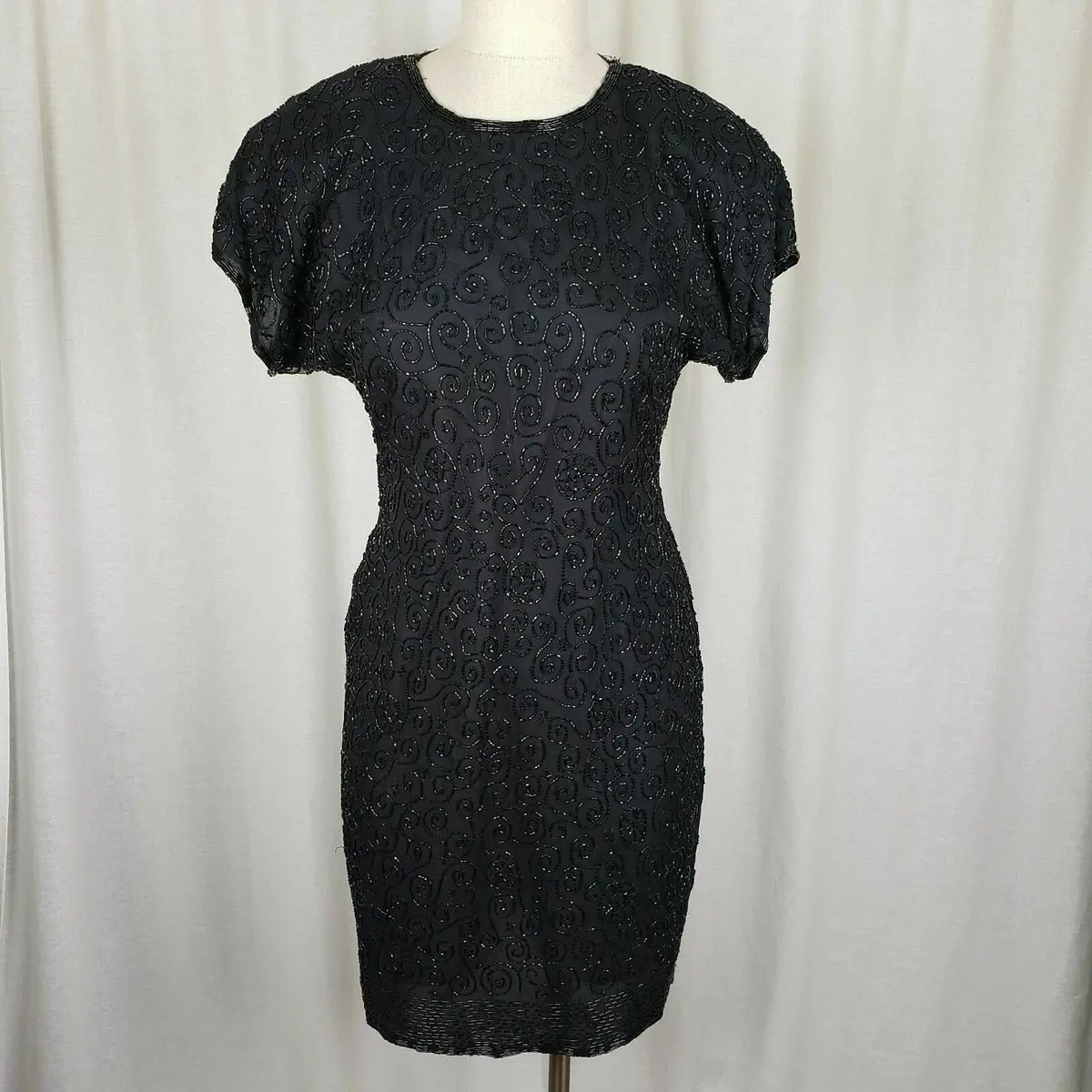 Vintage Stenay Heavily Beaded Black Silk Cocktail Formal Dress Womens 6P India 1