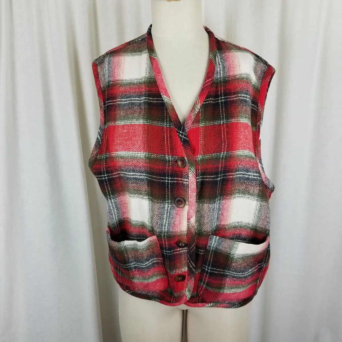Vintage Cenza Wool Button Up Buffalo Shadow Plaid Vest Womens M Red Black White 1