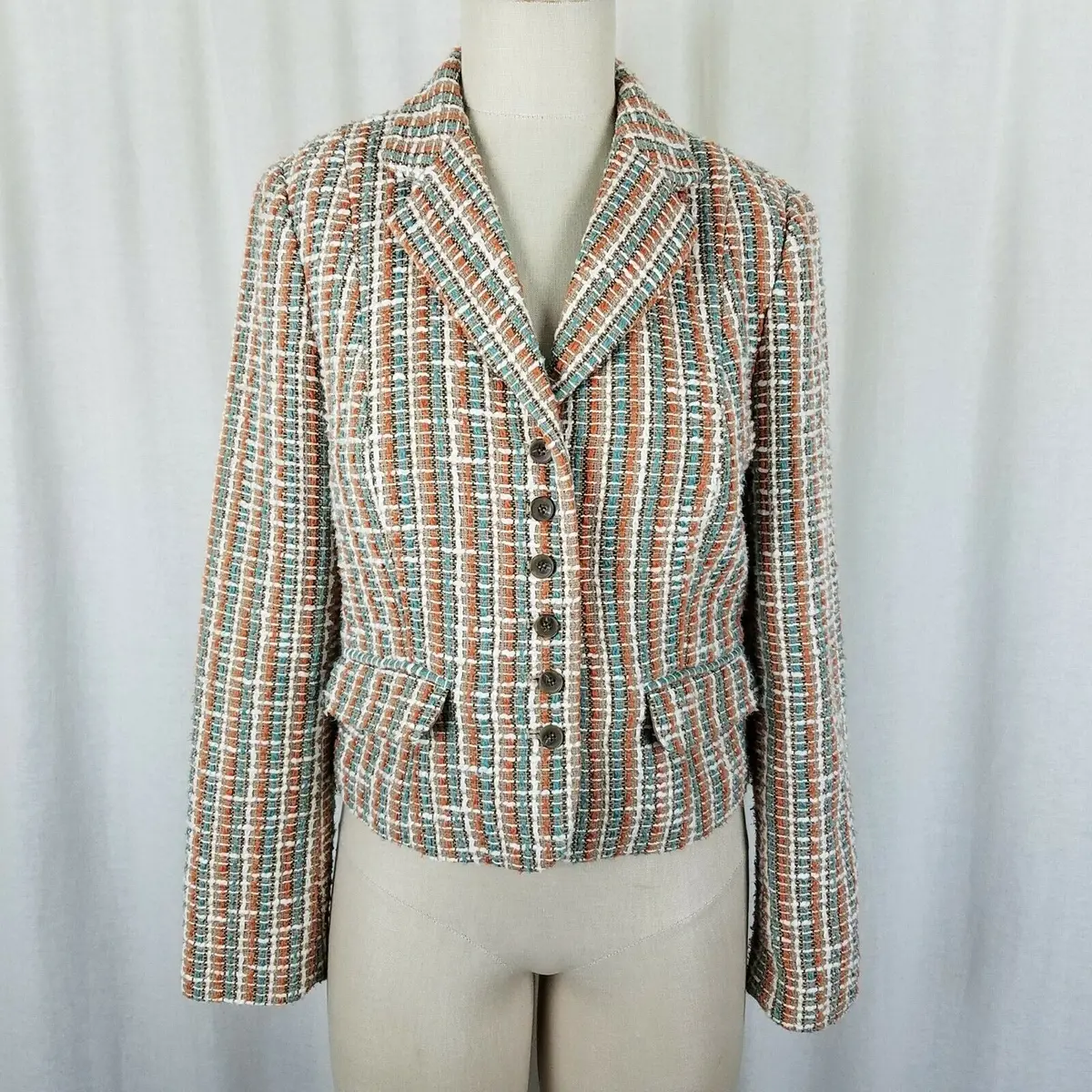 Ll Bean Signature Boucle Textured Woven Cotton Wool Blazer Jacket Womens 6 1