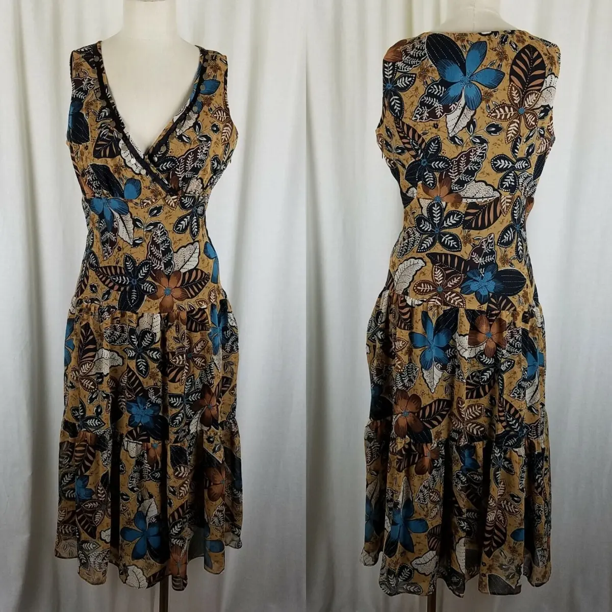 Coldwater Creek Summer Midi Dress Womens 8 Flowing Boho Large Flower Print Brown 1