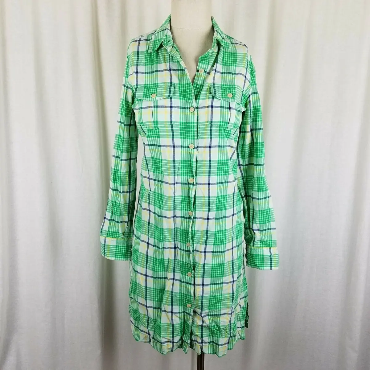 Ll Bean Signature Plaid Button Up Shirt Dress Conversion Sleeve Summer Womens 2 1