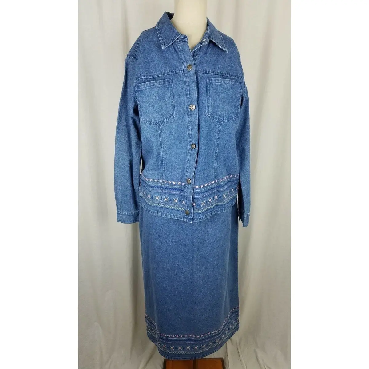 Denim & Co. 2 Piece Blue Jean Denim Skirt Shirt Jacket Outfit Set Suit Womens M 1