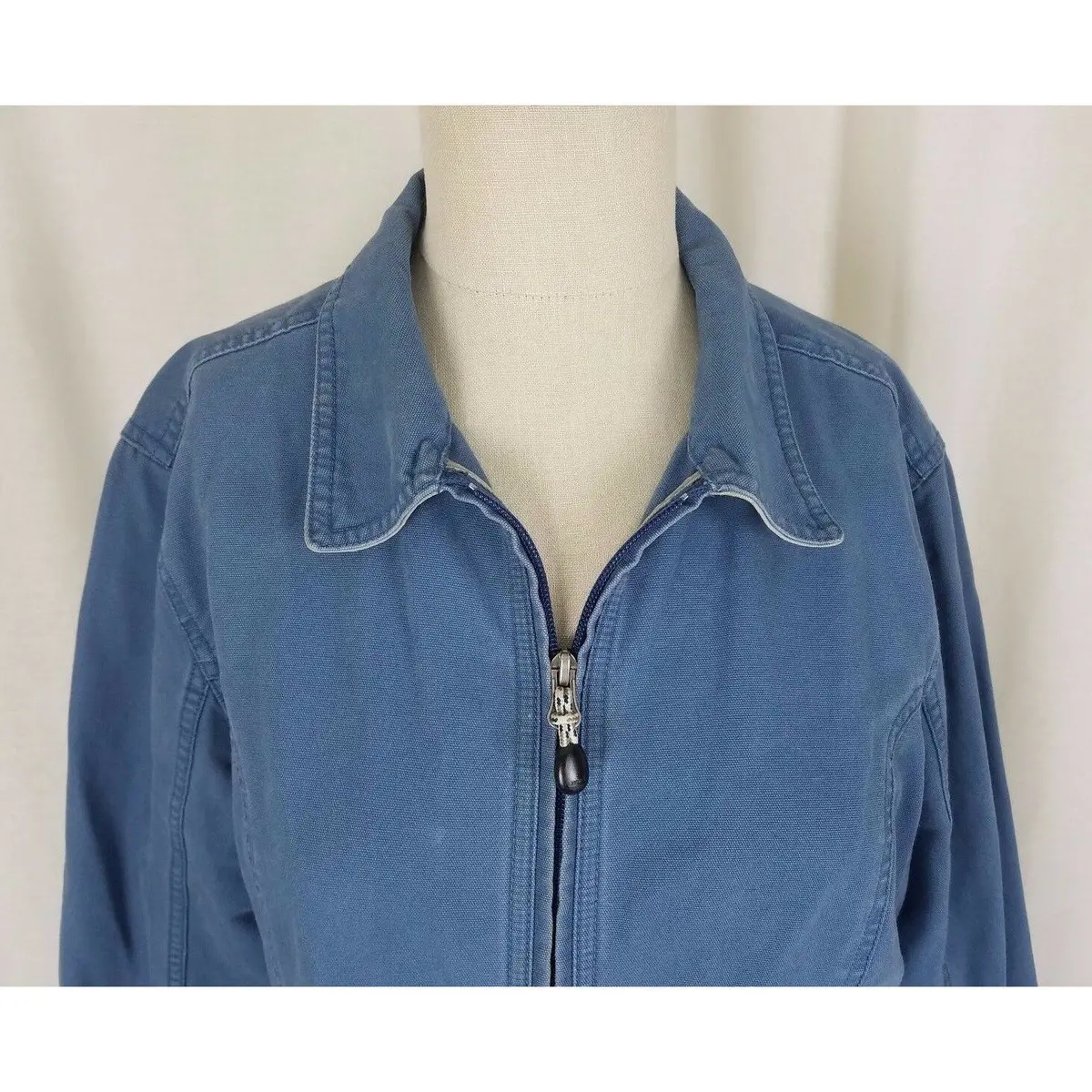 Ll Bean Sunwashed Blue Canvas Zip Up Short Barn Coat Denim Jean Jacket Womens L 2
