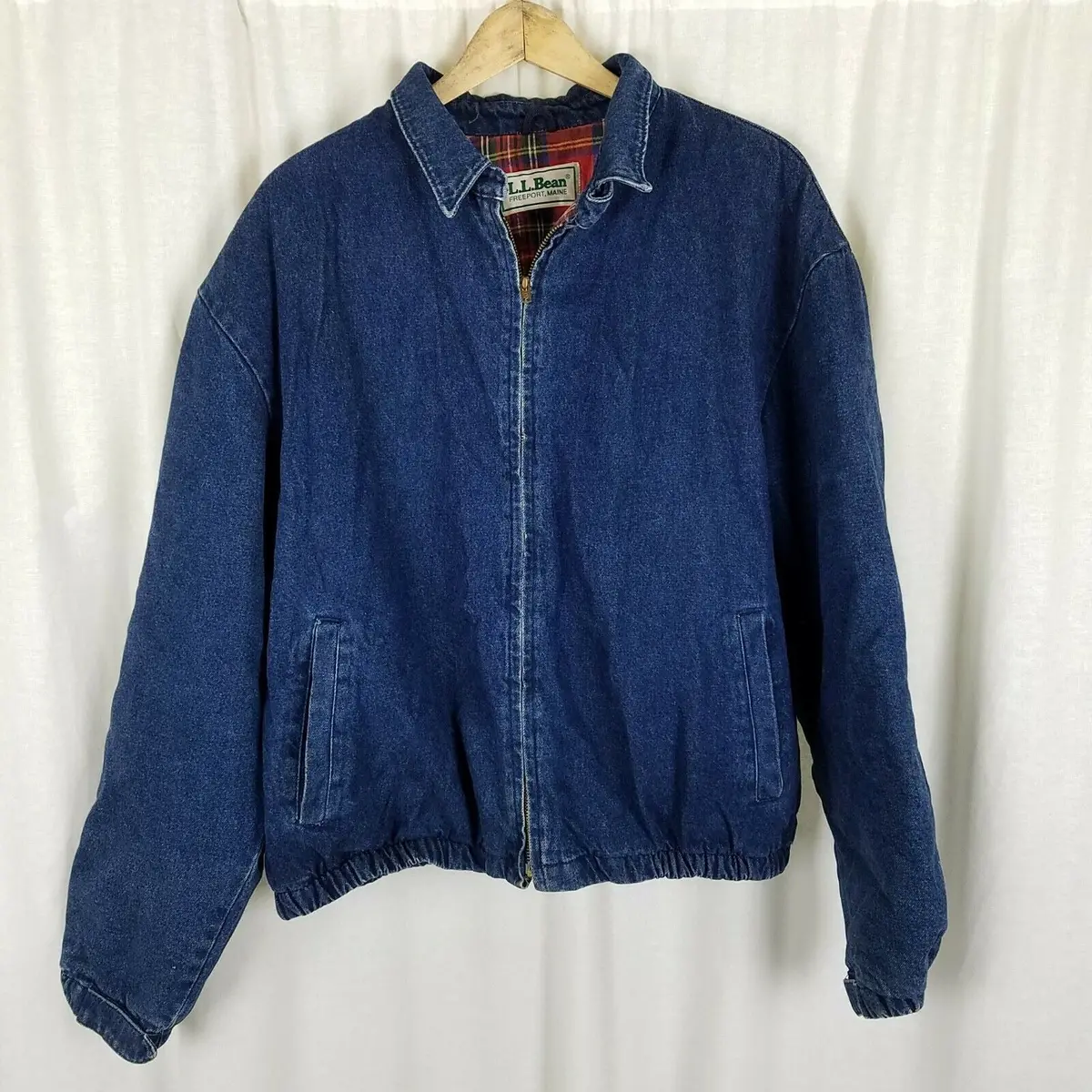 Vintage Ll Bean Plaid Flannel Lined Denim Bomber Style Jacket Mens L Xl 1