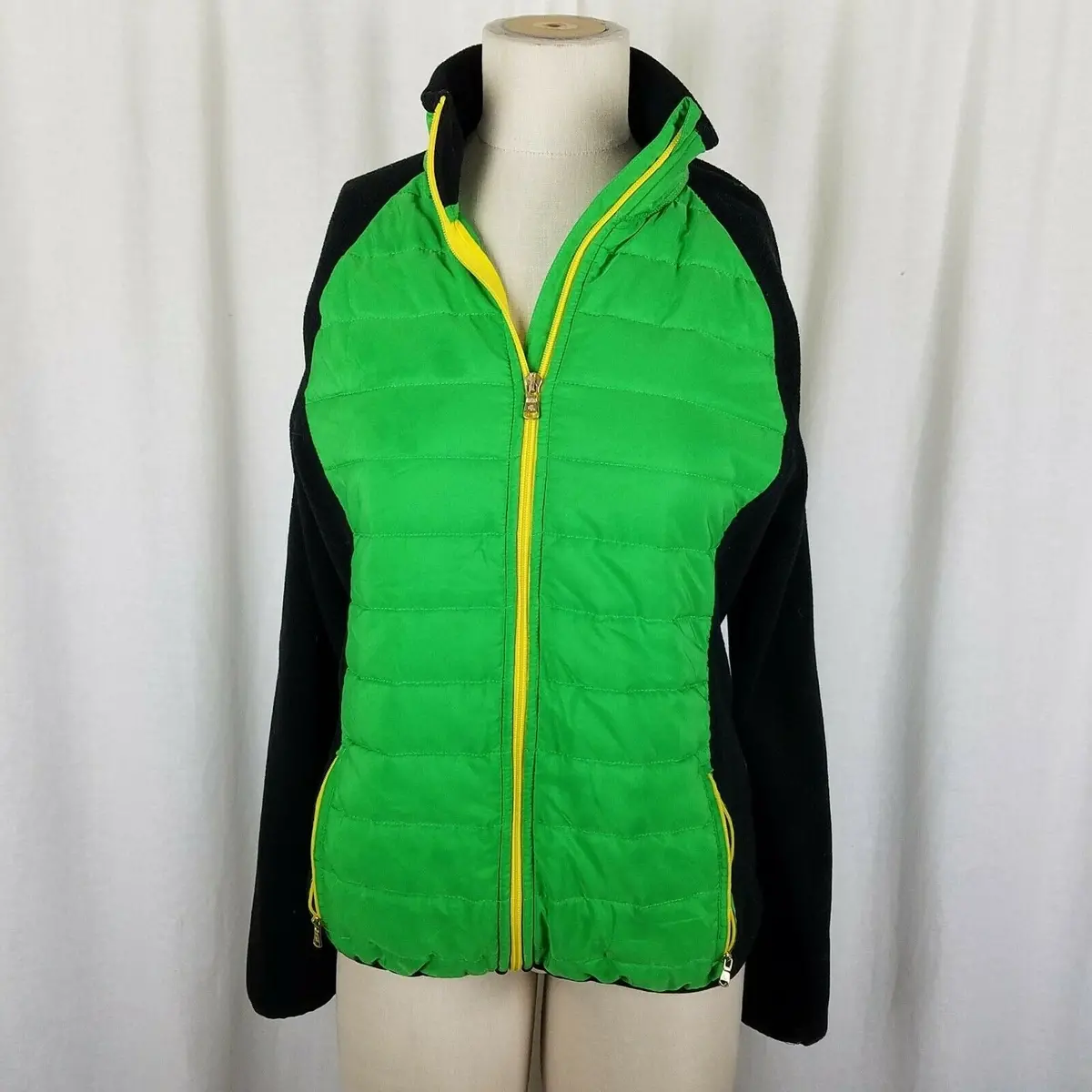 Lrl Ralph Lauren Quilted Puffer Fleece Full Zip Up Jacket Womens L Green Black 1
