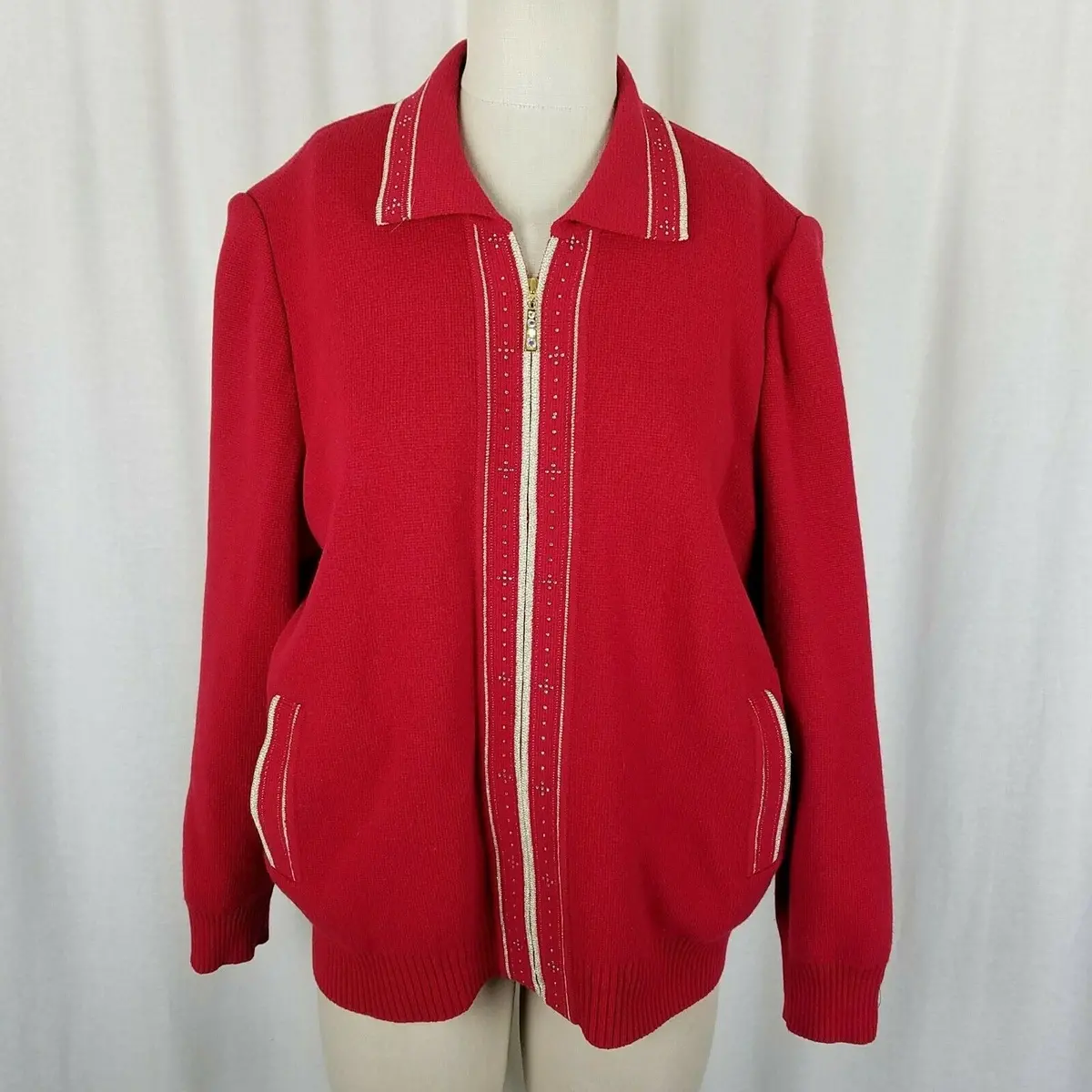 Escalier 100 Jeweled Zip Up Jacket Santana Knit Sweater Jacket Womens L Red Tan 1